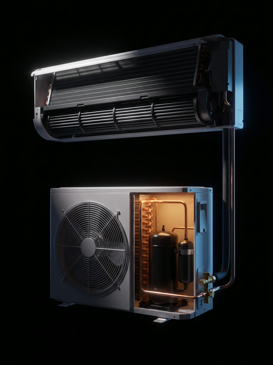 Cutaway of a ductless mini-split: the wall-mounted indoor head with its evaporator coil and cross-flow blower, and the outdoor unit with its compressor, condenser coil and fan, joined by an insulated copper line set, with the same four components marked one to four